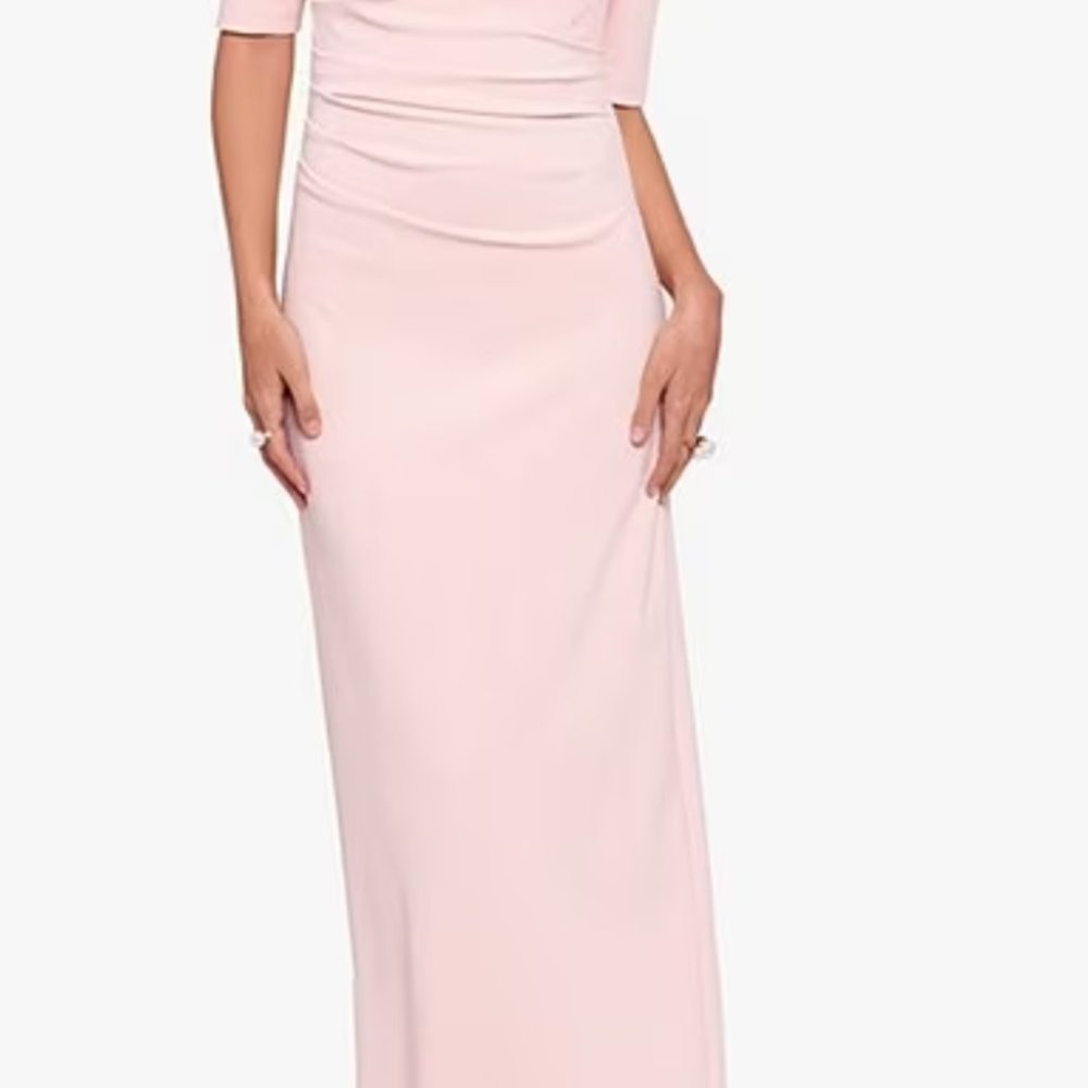 Xscape Ruffled Off-the-Shoulder Short Sleeve Crepe Sheath Gown